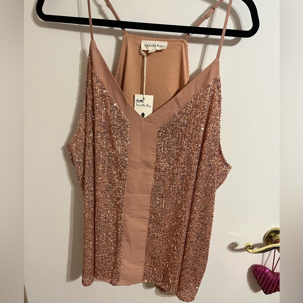 3X Vanilla Bay Tan taupe gold sequin tank top new with tags - Picture 4 of 6
